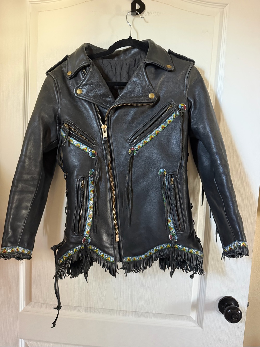 ‘70’s Leather Beaded Biker/Moto Jacket w/Fringe Conchos  (see pics 4 📐 n wear)